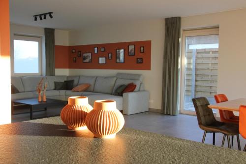 two vases sitting on a table in a living room at De Romanie in Mangelaar