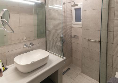 a bathroom with a sink and a glass shower at Armonia Apartments in Keramoti