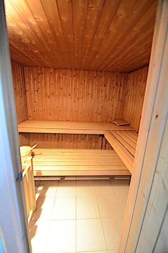 an empty sauna in a room with a tile floor at La Costa di Alex in Minusio