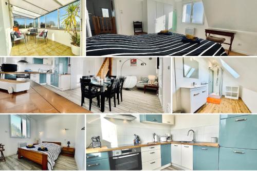 a collage of photos of a kitchen and a living room at Penn an aod - Le bout de côte in Roscanvel