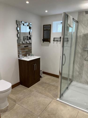 ein Bad mit einer Dusche, einem WC und einem Waschbecken in der Unterkunft The Crown Lodges in Deal