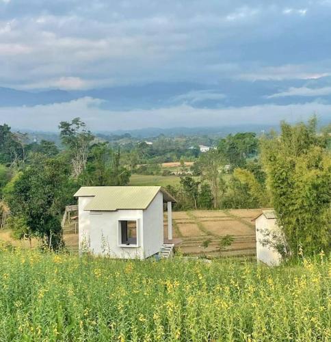a small white house in a field of grass at Monko Villa in Pai