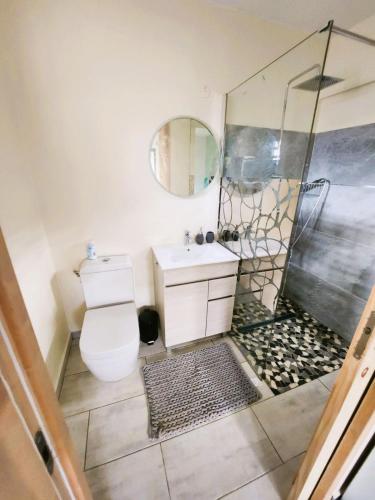 a bathroom with a toilet and a sink and a shower at Les Villas Jasmin Standing Piscine Chauffée Jacuzzi 5 Ch 14 Pers in Baie-Mahault