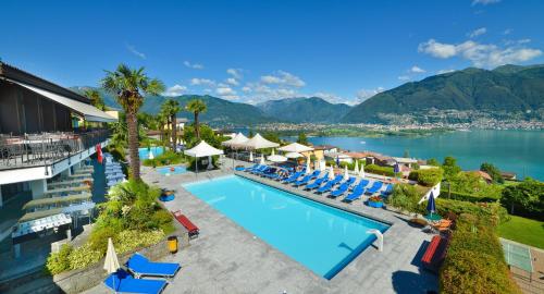 an aerial view of a resort with a swimming pool at Hotel La Campagnola - Green Energy Resort in San Nazzaro