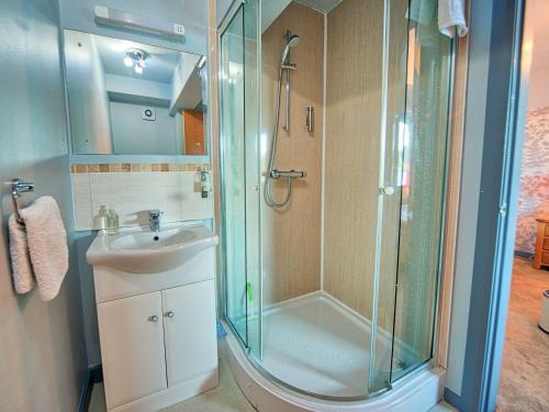 een badkamer met een douche en een wastafel bij Drysgol Lakeside - Bala Lake in Bala