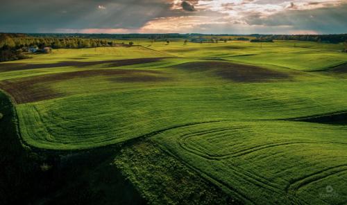 an aerial view of a lush green field with a storm approaching at Agroturystyka Lisa Młyn in Najmowo