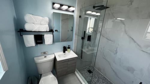 a bathroom with a shower and a toilet and a sink at Oceano Suites Daytona Beach in Daytona Beach