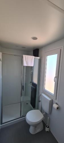 a bathroom with a toilet and a shower with a window at Mobilna kućica Val in Šimuni