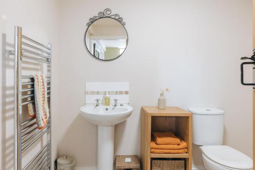 a bathroom with a sink and a toilet and a mirror at The Grain Loft in Clun