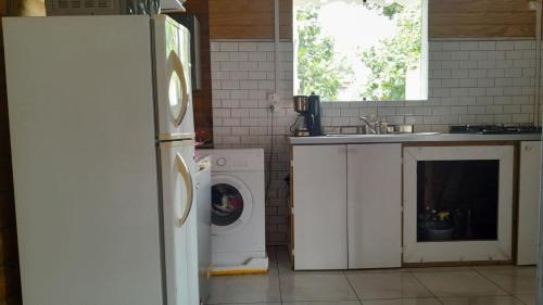 a kitchen with a refrigerator and a washing machine at Petit chalet vacance in Vidon