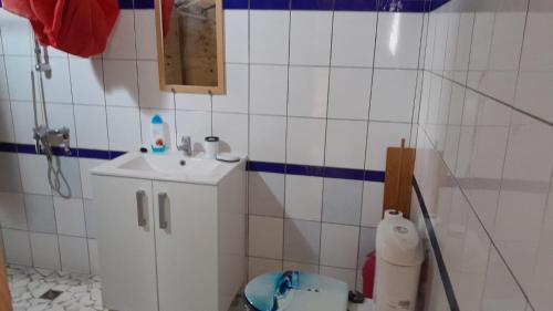 a small bathroom with a sink and a toilet at Petit chalet vacance in Vidon