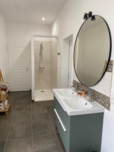 uma casa de banho com um lavatório, um espelho e um chuveiro em Clos des Chardons - Le Jardin em Saint-Aignan