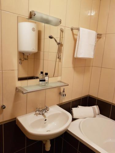 une salle de bain avec un lavabo et un miroir dans l'établissement Vila Pan, à Zadar