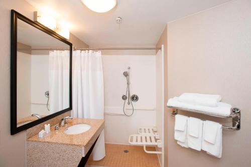SpringHill Suites Birmingham Colonnade في برمنغهام: حمام مع حوض ودش مع مرآة