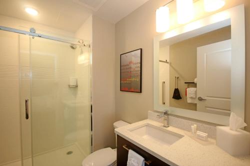 a bathroom with a shower and a sink and a mirror at TownePlace Suites by Marriott Charleston-North Charleston in Charleston