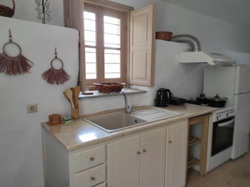 uma cozinha com um lavatório e um fogão em ELECTRAS LITTLE COTTAGE em Andros