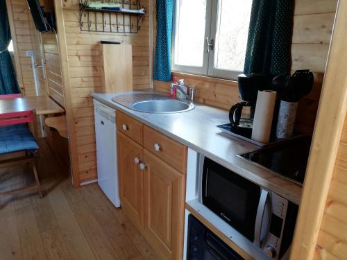 una pequeña cocina con fregadero y microondas en Roulot'So Zen en Beslon