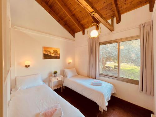 2 Betten in einem Zimmer mit Fenster in der Unterkunft איתן בקתות עץ Eitan Wood Cabins Resort in Sede Eli‘ezer