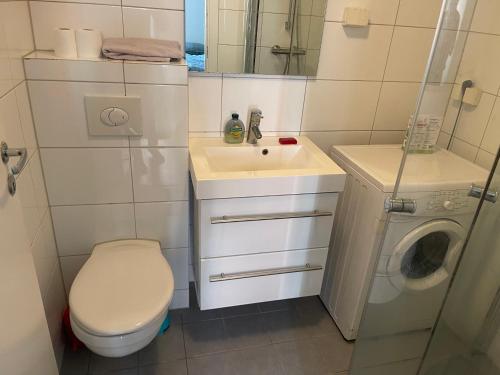 a bathroom with a toilet and a sink and a washing machine at Oslo center 4 in Oslo