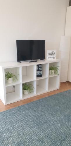 a tv on a white entertainment center with potted plants at Free parking & 5min walk to Subway in Lisbon