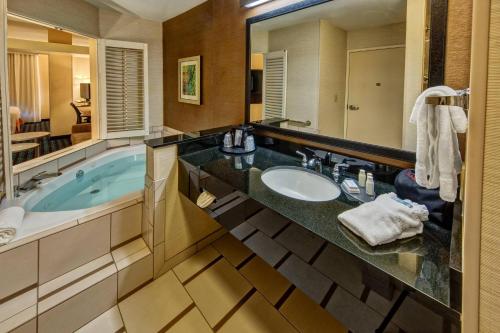 ein Badezimmer mit einer Badewanne, einem Waschbecken und einem Spiegel in der Unterkunft Fairfield by Marriott Russellville in Russellville