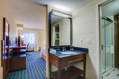 a bathroom with a sink and a mirror at Fairfield Inn by Marriott Burlington Williston in Burlington