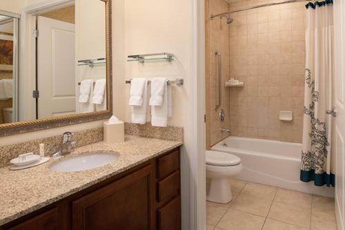 a bathroom with a sink and a toilet and a mirror at Residence Inn Bozeman in Bozeman