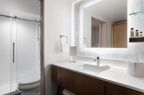 La salle de bains est pourvue d'un lavabo, de toilettes et d'un miroir. dans l'établissement Delta Hotels by Marriott Virginia Beach Waterfront, à Virginia Beach