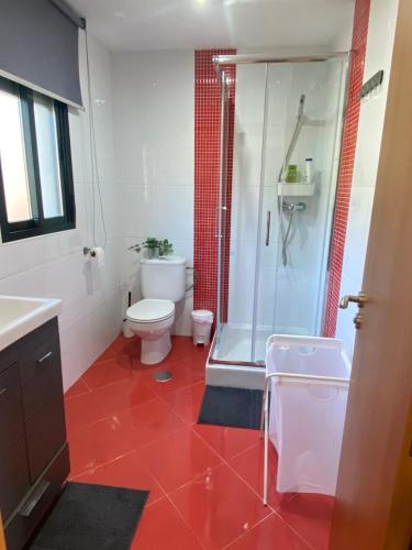 uma casa de banho com um chuveiro, um WC e um lavatório. em Casa a Gandriña 1 em Ponte Do Porto