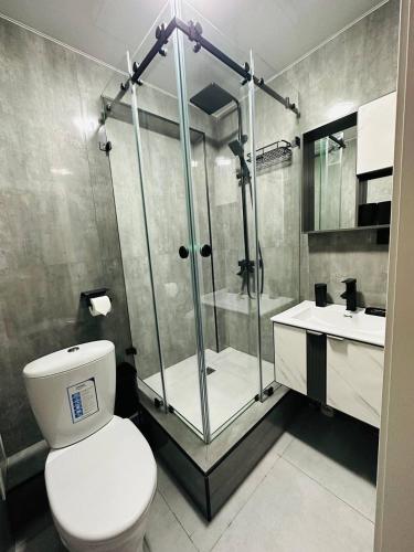 a bathroom with a shower and a toilet and a sink at Yas 2 Apartment in Samarkand