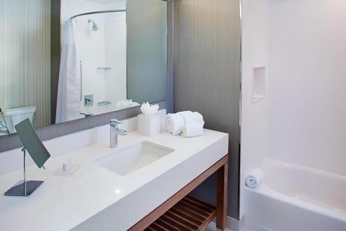 a bathroom with a sink and a mirror and a tub at Courtyard by Marriott Dallas Carrollton and Carrollton Conference Center in Carrollton