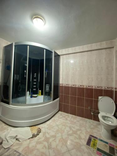 La salle de bains est pourvue de toilettes et d'une grande fenêtre. dans l'établissement İstanbul Otel Süit, à Istanbul