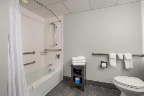 a bathroom with a toilet and a tub and a shower at Courtyard Rockaway-Mount Arlington in Mount Arlington