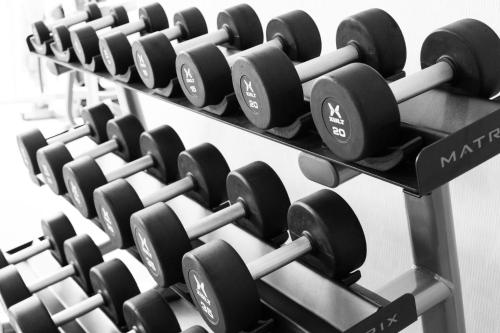 a row of dumbbells on display in a gym at SpringHill Suites by Marriott Kenosha in Kenosha