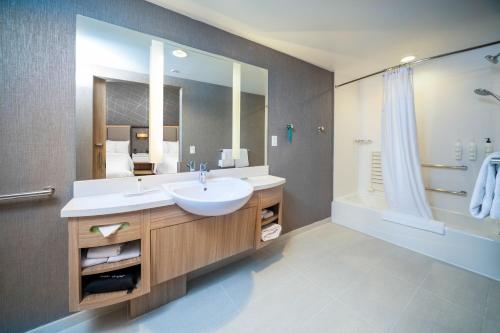 La salle de bains est pourvue d'un lavabo et d'un grand miroir. dans l'établissement SpringHill Suites by Marriott Kenosha, à Kenosha