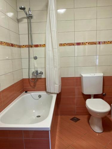 a bathroom with a tub and a toilet and a shower at Apartman Bonaca in Baška Voda