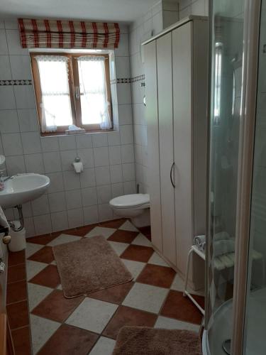 e bagno con servizi igienici, lavandino e doccia. di Landhaus Bergkristall - Sommer Bergbahnen inklusive a Oberstdorf