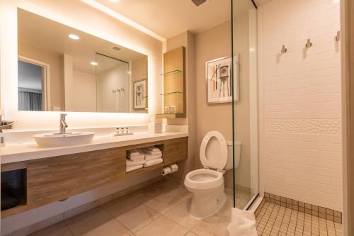 y baño con aseo, lavabo y ducha. en Delta Hotels by Marriott Raleigh-Durham at Research Triangle Park, en Durham