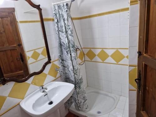 a bathroom with a sink and a shower curtain at Casa El Banco in Iznate