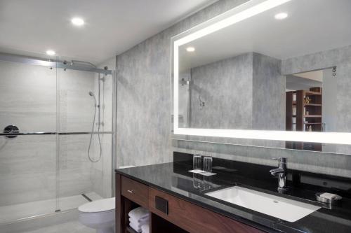 a bathroom with a sink and a shower and a mirror at Renaissance Phoenix Downtown Hotel in Phoenix