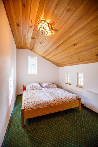 a bedroom with a bed with a wooden ceiling at Haus Schrammsteinblick in Ostrau