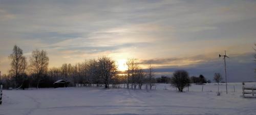 a snow covered field with a windmill in the sunset at Apartamenty na wsi Horses&Relax in Młynary
