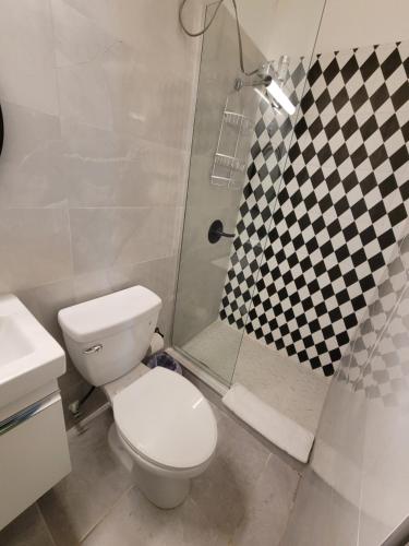 uma casa de banho com um WC branco e um chuveiro em Luichy's Seaside Hotel at Playa El Combate em El Combate