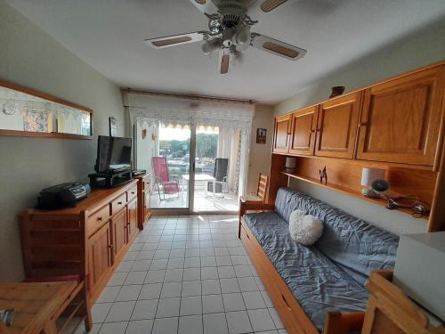 un salon avec un canapé et une télévision dans l'établissement Sol-y-Days Elysée, Appartement 2 pièces proche des quais du Port de plaisance et du lac de Salonique, avec parking, au Grau-du-Roi