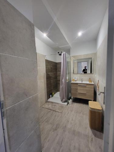 La salle de bains est pourvue d'une douche et d'un lavabo. dans l'établissement Bas de villa proche Ajaccio, à Bastelicaccia