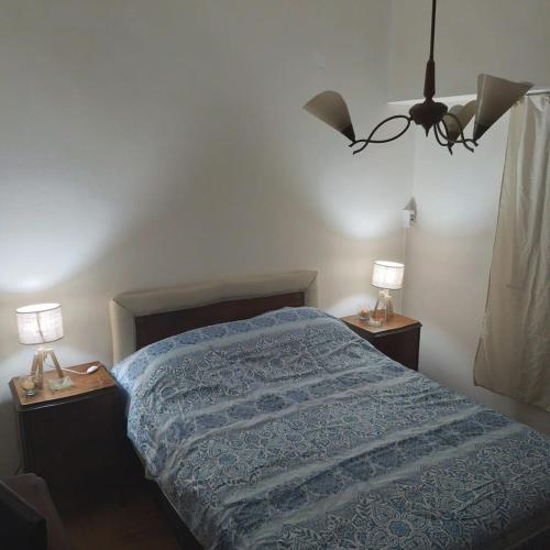 a bedroom with a bed and two night stands with lamps at chalet de tata in Tandil