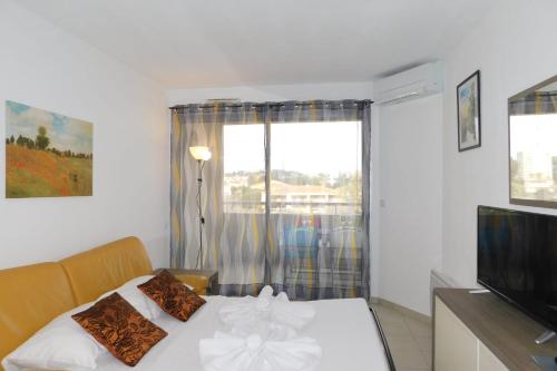 um quarto com uma cama, uma televisão e uma janela em Charming T2 "Antibes Les Pins 3" air-conditioned with parking and swimming em Antibes