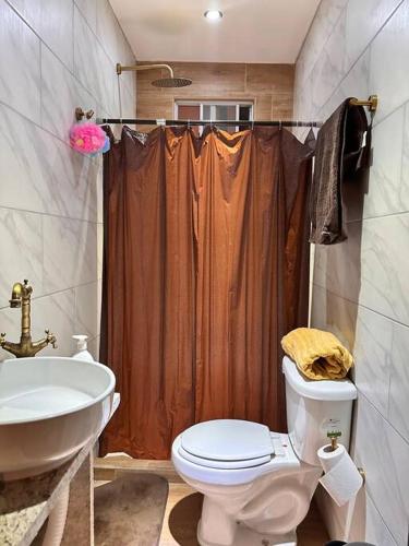 een badkamer met een toilet, een wastafel en een douche bij Bonito departamento rustico in Rosarito
