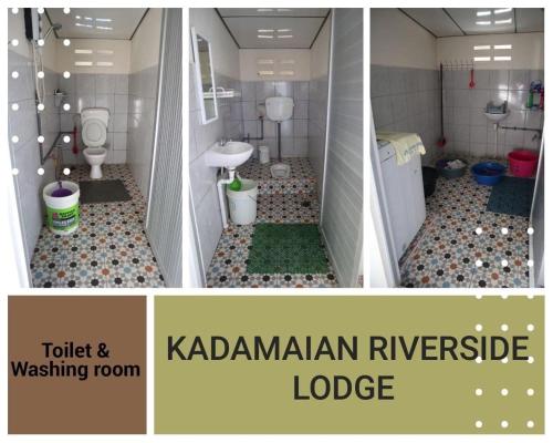 ein Badezimmer mit einem Waschbecken, einem WC und einem ajad istg istg in der Unterkunft Kadamaian Riverside Lodge Tambatuon, Kota Belud in Kota Belud