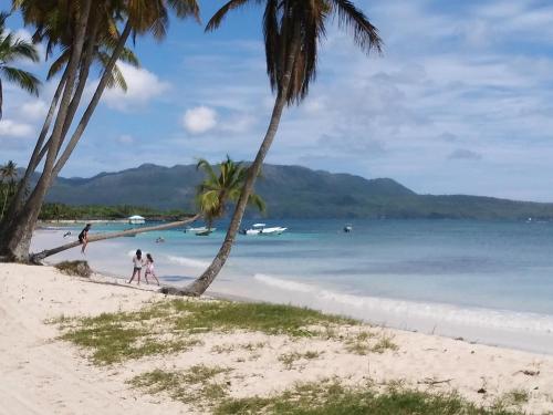 a group of people walking on a beach with palm trees at Hotel i t a in Las Galeras